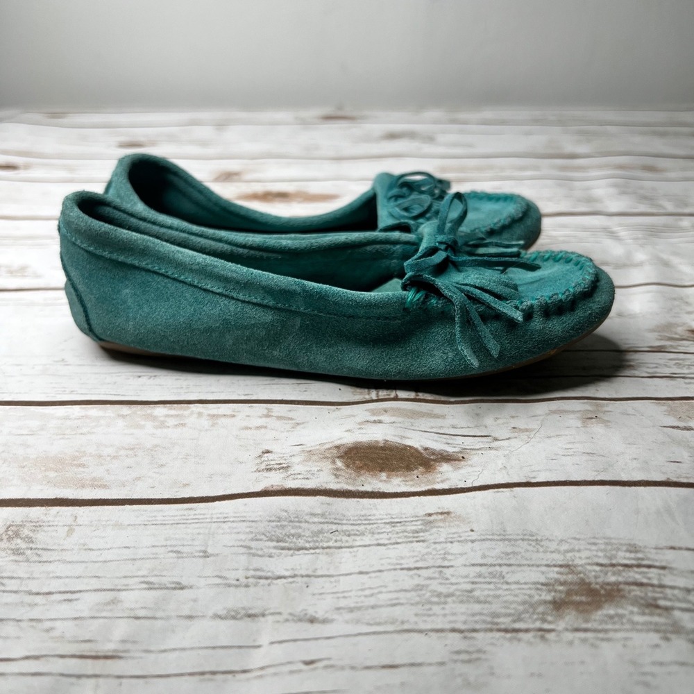 Minnetonka Moccasin Flats Teal Suede Kiltie Fringe Bow 9.5